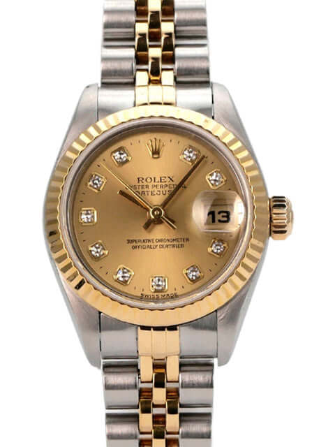 Rolex Datejust 26 Edelstahl Gelbgold Ref. 69173 Champagner Diamant mit Diamanten auf Zifferblatt.