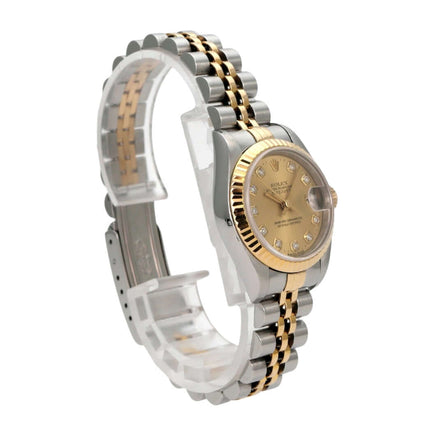 Rolex Datejust 26 Edelstahl Gelbgold Ref. 69173 Champagner Diamant seitliche Ansicht der Uhr mit champagnerfarbenem Zifferblatt.