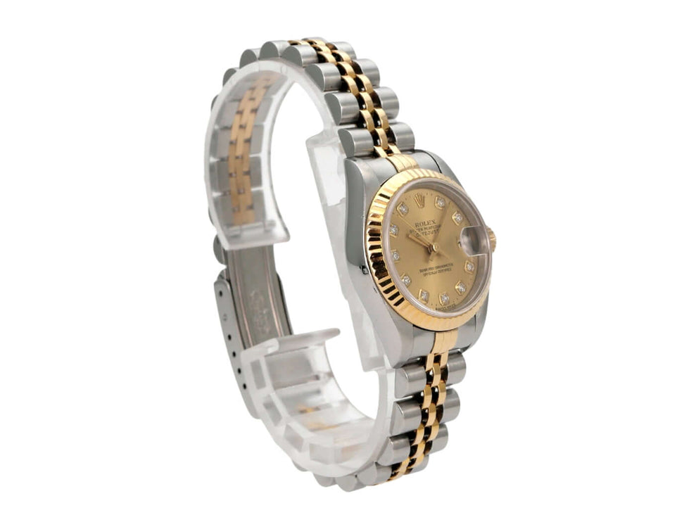 Rolex Datejust 26 Edelstahl Gelbgold Ref. 69173 Champagner Diamant seitliche Ansicht der Uhr mit champagnerfarbenem Zifferblatt.