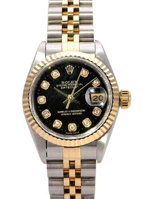 Rolex Datejust 26 Edelstahl Gelbgold 69173 Schwarz Big Diamant Jubile-Band mit schwarzem Diamant-Zifferblatt