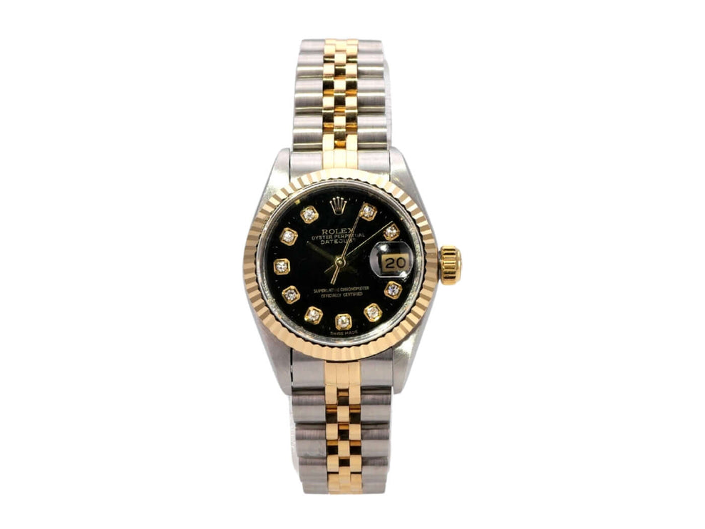 Rolex Datejust 26 Edelstahl Gelbgold 69173 Schwarz Big Diamant Jubile-Band, schwarzes Zifferblatt mit Diamanten