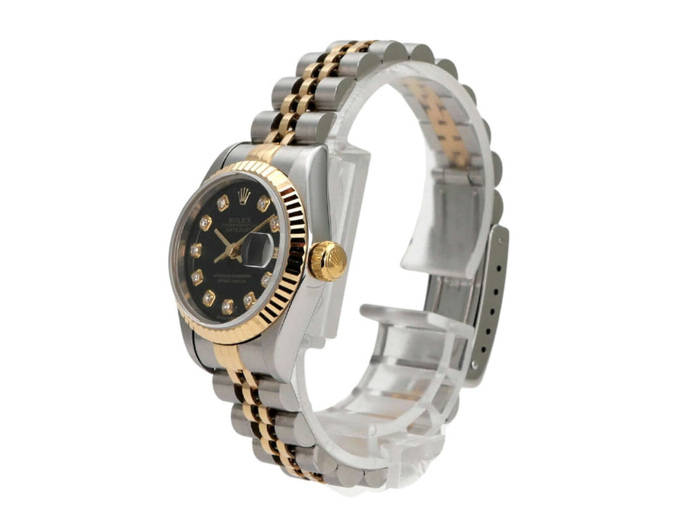 Rolex Datejust 26 Edelstahl Gelbgold 69173 Schwarz Big Diamant Jubile-Band mit schwarzem Zifferblatt und Diamanten