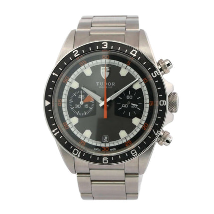 Tudor Heritage Chrono 70330N-0001 Automatik Edelstahl Uhr mit grauem, weißem und schwarzem Zifferblatt und Edelstahl Armband
