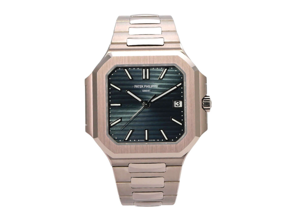 Patek Philippe Cubitus 7128/1G-001 in poliertem und satiniertem 18 kt Weißgold mit blauem Zifferblatt.