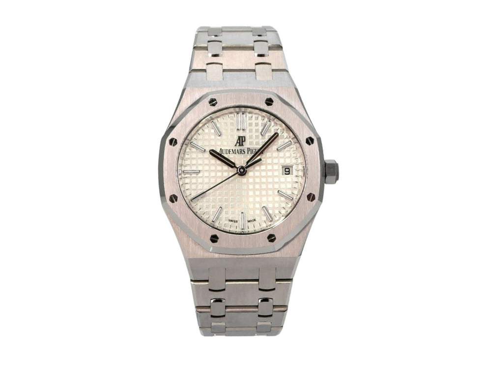 Audemars Piguet Royal Oak Offshore 77350ST.OO.1261ST.01 elegante Uhr mit silberfarbenem Zifferblatt und Edelstahlband.