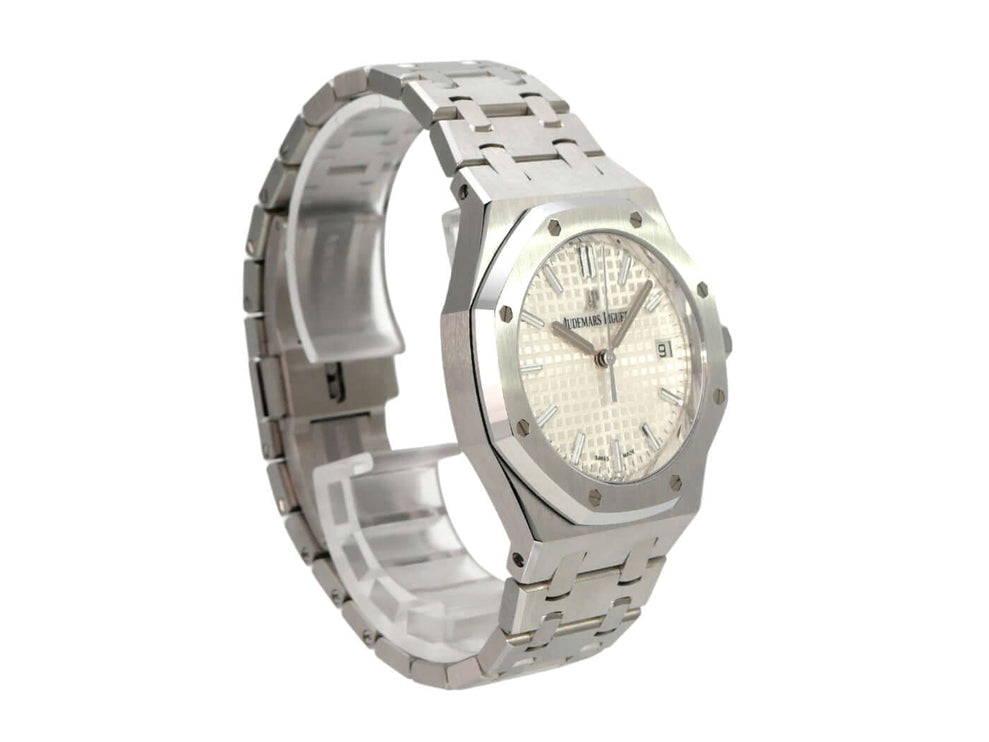 Audemars Piguet Royal Oak Offshore 77350ST.OO.1261ST.01 elegante Edelstahl-Armbanduhr mit silberfarbenem Zifferblatt.