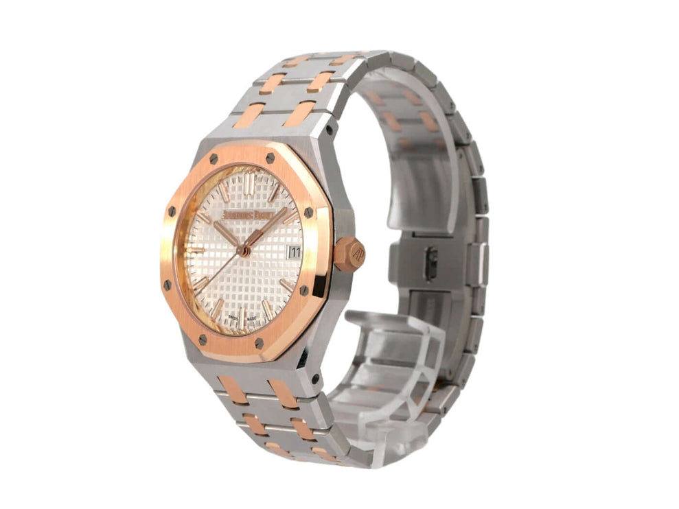 Audemars Piguet Royal Oak 50 Jahre Edition 77450SR.OO.1361SR.01 seitliche Ansicht mit Edelstahl- und Roségold-Armband.