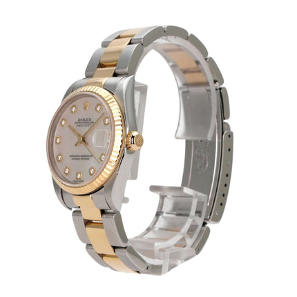 Rolex Datejust 31 Edelstahl Gelbgold 78273 Perlmutt Diamant Armbanduhr mit Perlmuttzifferblatt und goldenen Zeigern.