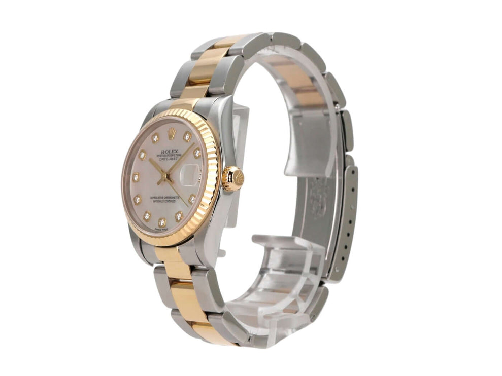 Rolex Datejust 31 Edelstahl Gelbgold 78273 Perlmutt Diamant Armbanduhr mit Perlmuttzifferblatt und goldenen Zeigern.