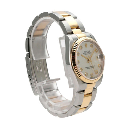Rolex Datejust 31 Edelstahl Gelbgold 78273 Perlmutt Diamant mit goldenen Zeigern und Diamantzifferblatt.