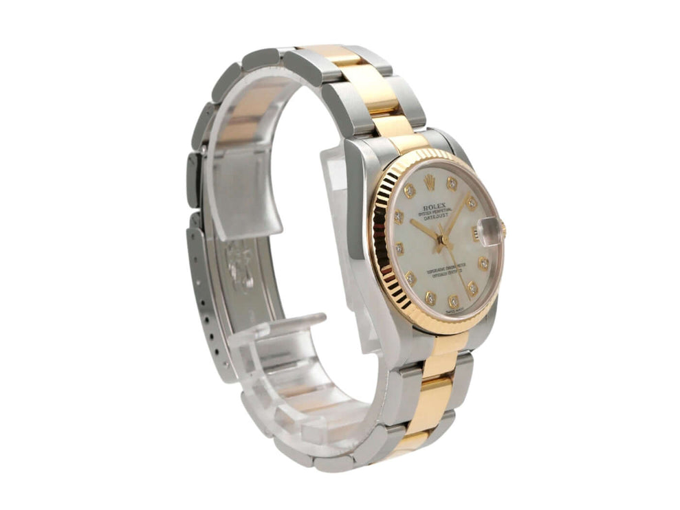 Rolex Datejust 31 Edelstahl Gelbgold 78273 Perlmutt Diamant mit goldenen Zeigern und Diamantzifferblatt.