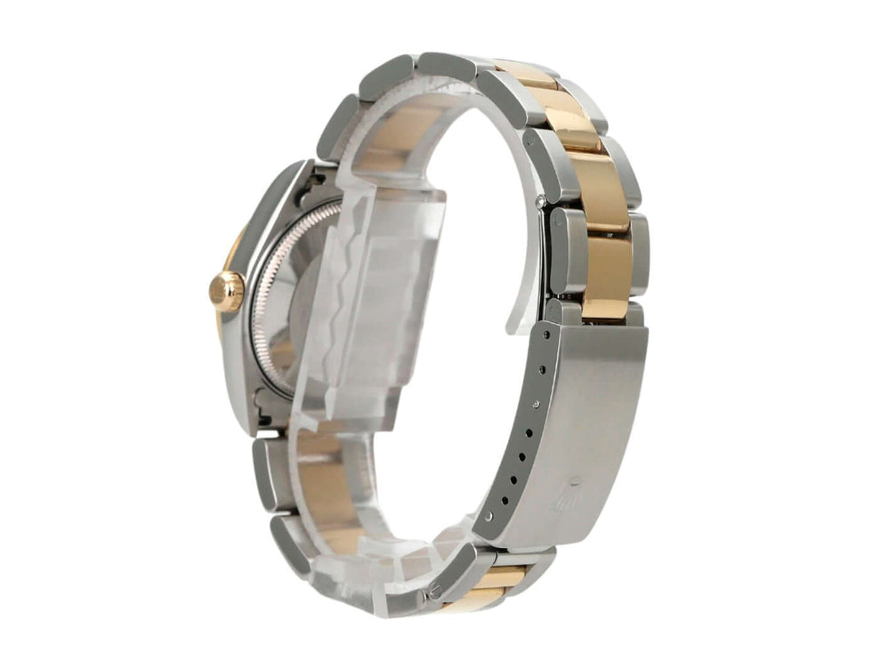 Rolex Datejust 31 Edelstahl Gelbgold 78273 Perlmutt Diamant Armband aus Edelstahl und Gelbgold, seitliche Ansicht.