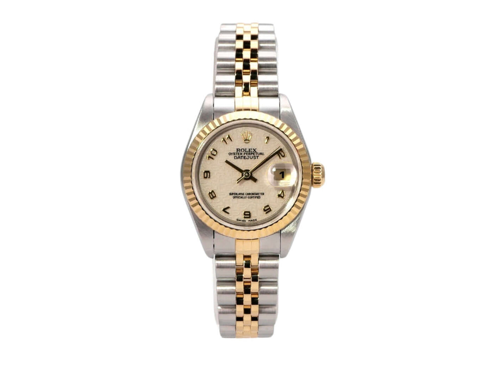 Rolex Datejust 26 Edelstahl Gelbgold 79173 Ivory Jubile-Band mit polierter Gelbgold Lünette und arabischen Ziffern.