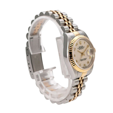 Rolex Datejust 26 Edelstahl Gelbgold 79173 Ivory Jubile-Band Uhr mit polierter Gelbgold-Lünette und Jubilé-Armband.