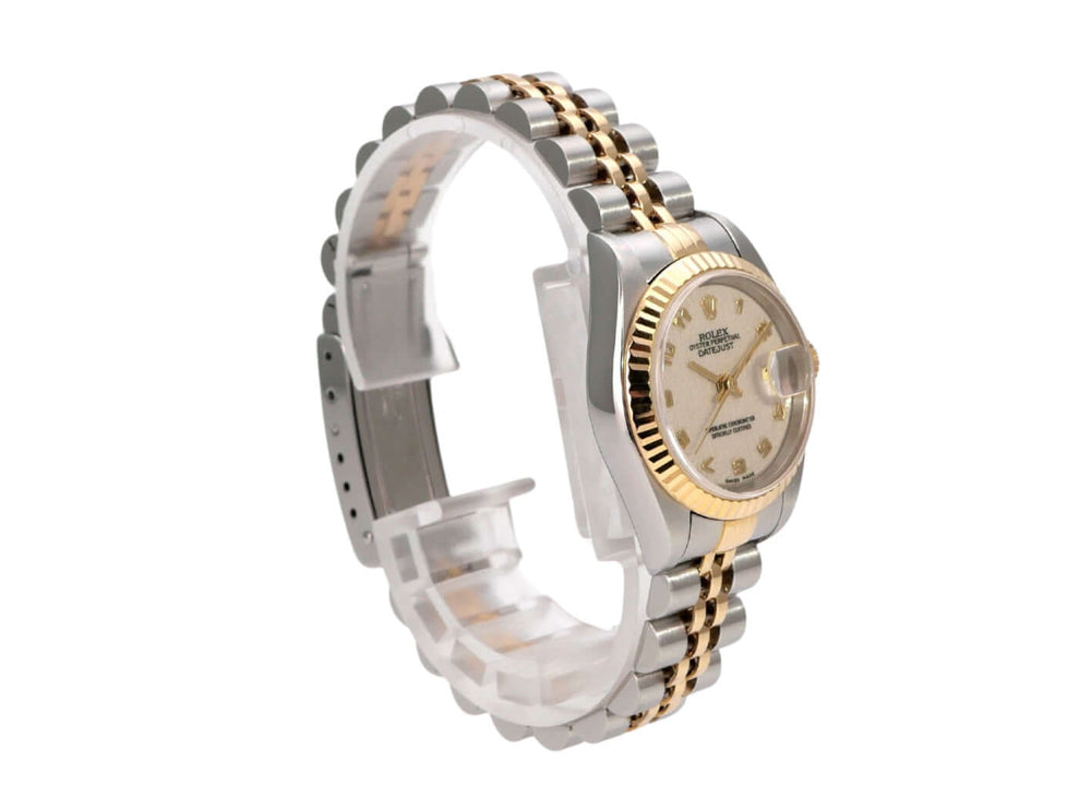 Rolex Datejust 26 Edelstahl Gelbgold 79173 Ivory Jubile-Band Uhr mit polierter Gelbgold-Lünette und Jubilé-Armband.