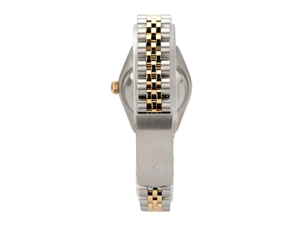 Rolex Datejust 26 Edelstahl Gelbgold 79173 Ivory Jubile-Band seitliche Ansicht der Uhr mit Jubile-Armband.