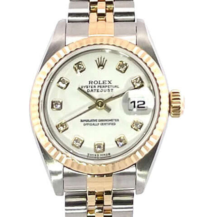 Rolex Datejust 26 Edelstahl Gelbgold 79173 mit weißem Zifferblatt und Diamanten, Jubile-Band in Edelstahl und Gelbgold.