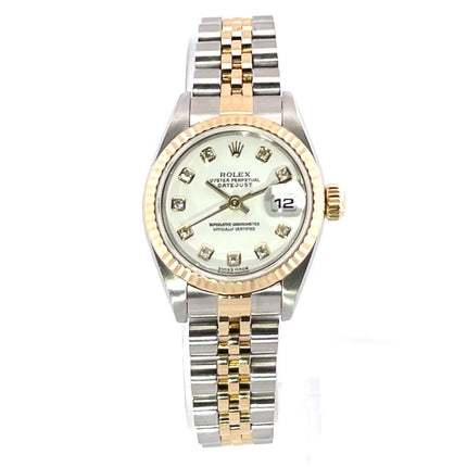 Rolex Datejust 26 Edelstahl Gelbgold Uhr mit weißem Zifferblatt und Diamantindizes, Jubile-Band Edelstahl/Gelbgold, Modell 79173.