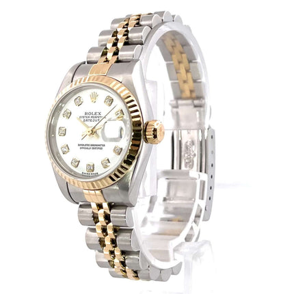 Rolex Datejust 26 Edelstahl Gelbgold 79173 mit Jubile-Band, weißes Zifferblatt und aufgesetzte Diamanten, Chronometer, Automatik Uhr.