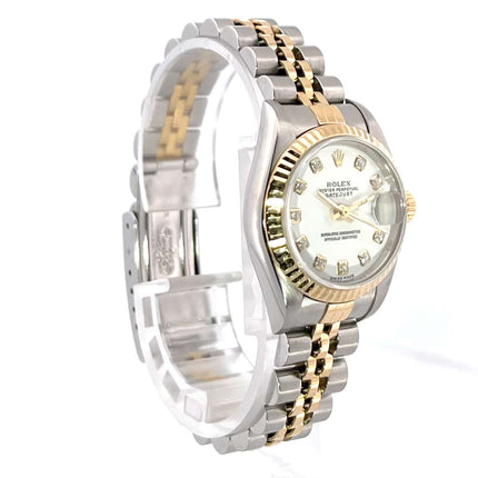 Rolex Datejust 26 Edelstahl Gelbgold Uhr mit weißem Zifferblatt und Diamanten, Jubile-Armband, Automatikwerk, 26 mm Gehäusedurchmesser.