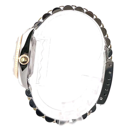 Rolex Datejust 26 Edelstahl Gelbgold 79173 Uhr Seitenansicht mit weißem Zifferblatt und Diamanten, Jubile-Armband détails.