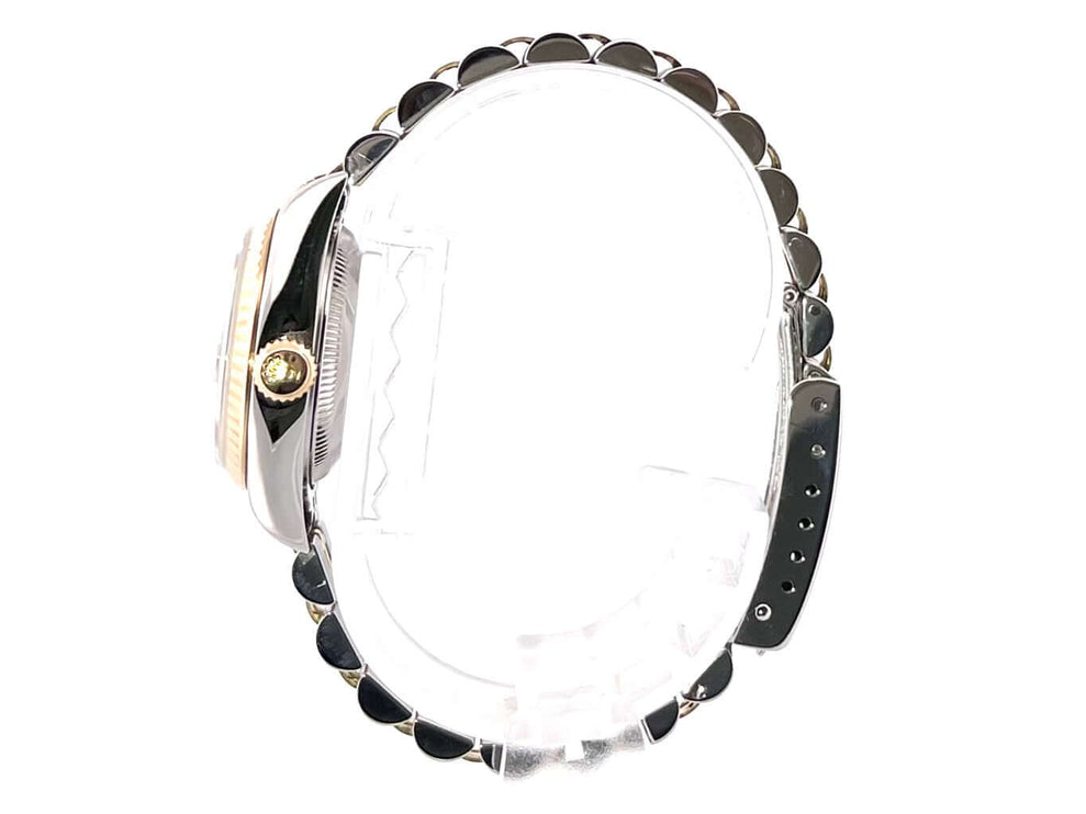 Rolex Datejust 26 Edelstahl Gelbgold 79173 Uhr Seitenansicht mit weißem Zifferblatt und Diamanten, Jubile-Armband détails.
