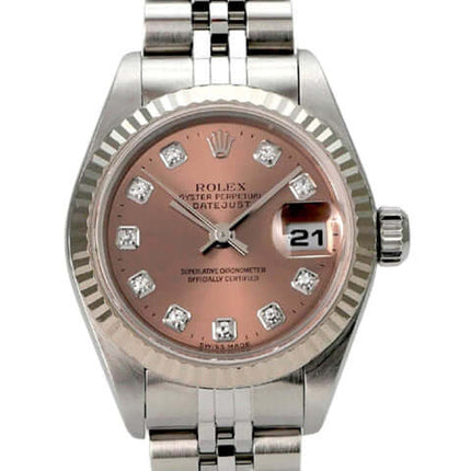 Rolex Datejust 26 Ref. 79174 Pink Dia Jubile-Band mit pinkfarbenem Diamantzifferblatt und Edelstahlband.