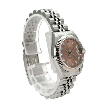 Rolex Datejust 26 Ref. 79174 Pink Dia Jubile-Band Edelstahluhren mit pinkfarbenem Zifferblatt und Jubile-Band.