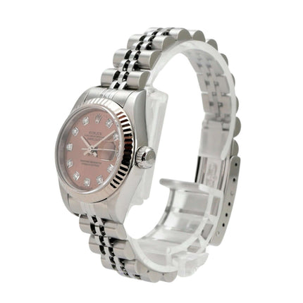 Rolex Datejust 26 Ref. 79174 Pink Dia Jubile-Band mit pinkfarbenem Diamantzifferblatt und Edelstahlband.