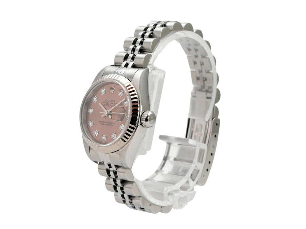 Rolex Datejust 26 Ref. 79174 Pink Dia Jubile-Band mit pinkfarbenem Diamantzifferblatt und Edelstahlband.