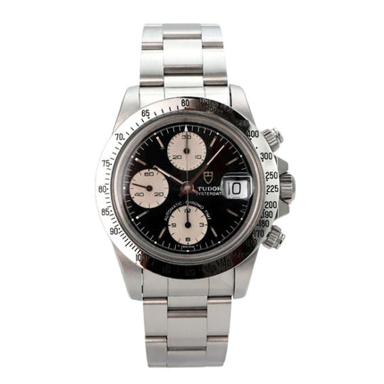 Tudor Prince Oysterdate Big Block Chronograph 79180 Uhr mit Edelstahlband, schwarzem Zifferblatt und Tachymeter