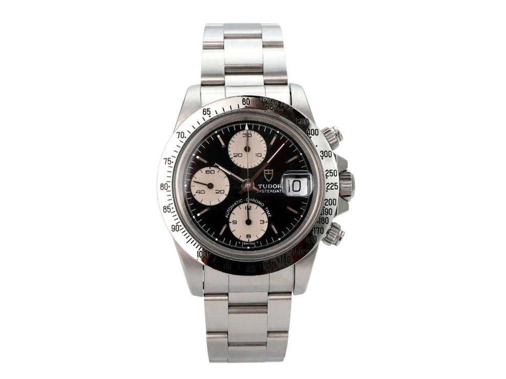 Tudor Prince Oysterdate Big Block Chronograph 79180 Uhr mit Edelstahlband, schwarzem Zifferblatt und Tachymeter