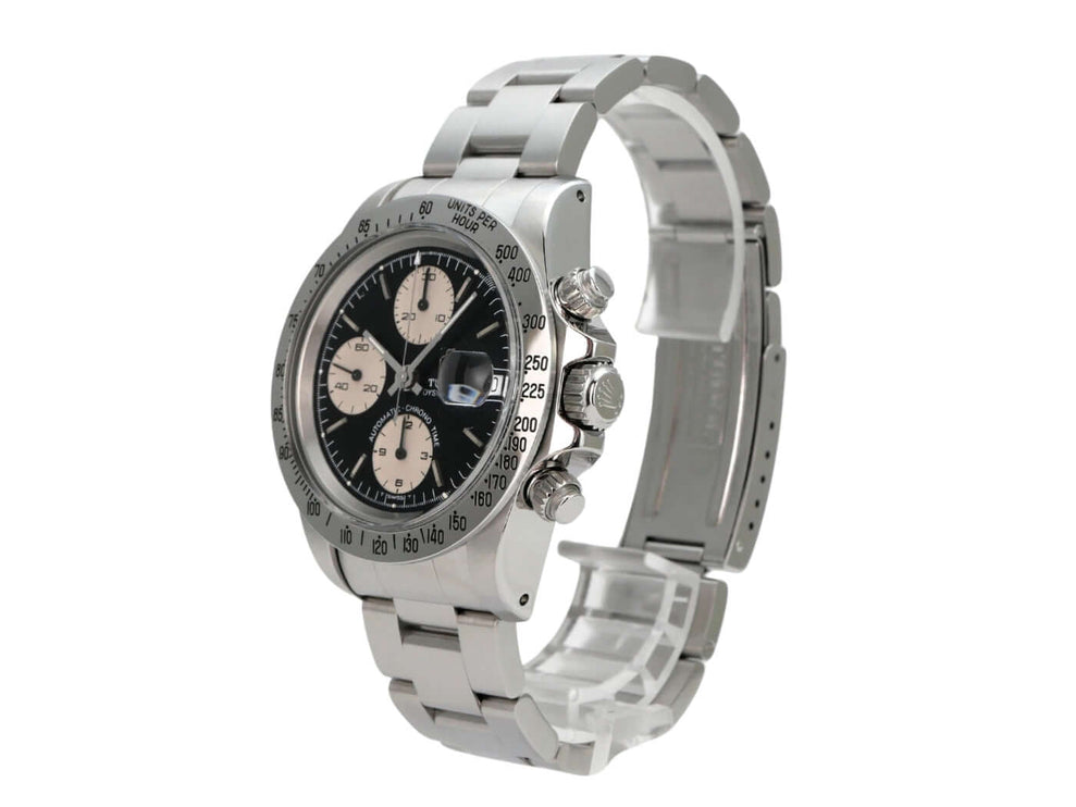 Tudor Prince Oysterdate Big Block Chronograph 79180 mit Edelstahlgehäuse, schwarzem Zifferblatt und Tachymeter-Lünette