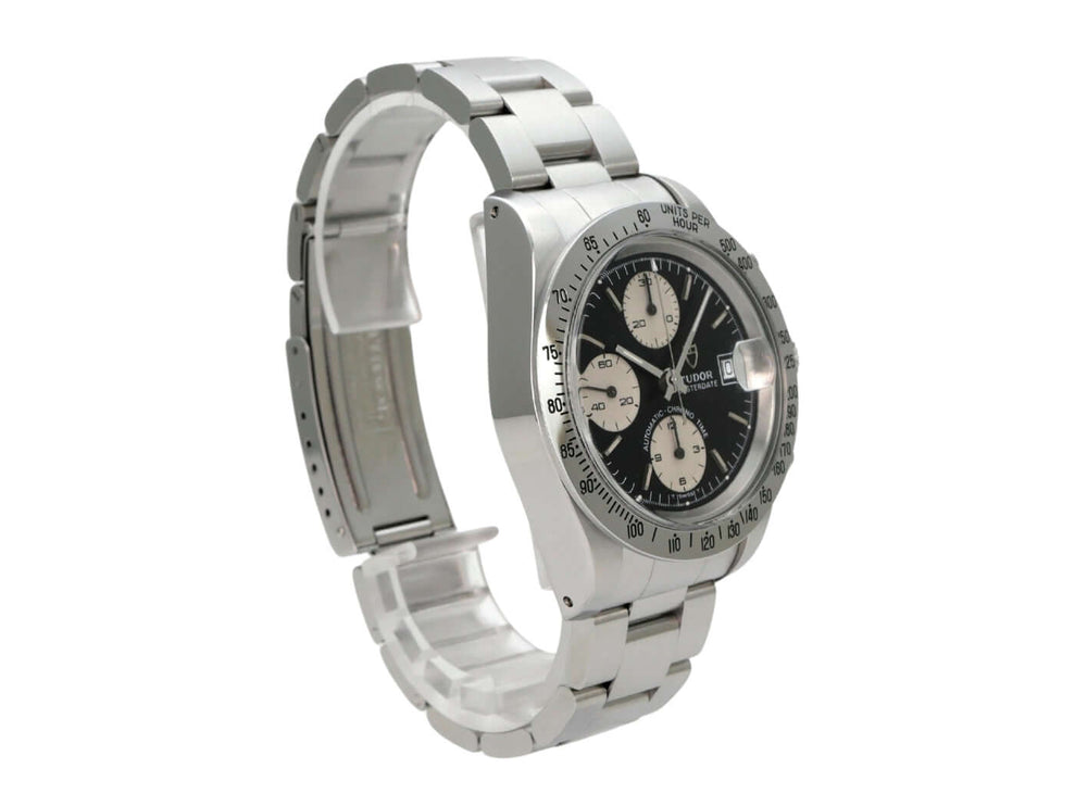 Tudor Prince Oysterdate Big Block Chronograph 79180, Edelstahl-Chronograph mit schwarzem Zifferblatt und Tachymeterlünette