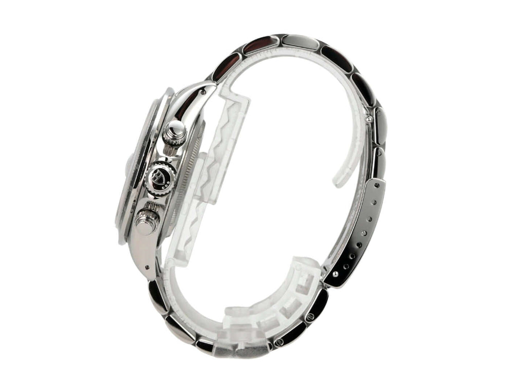 Tudor Prince Date Chronograph 79260 mit poliertem Edelstahlgehäuse und Tachymeterlünette, seitliche Ansicht.