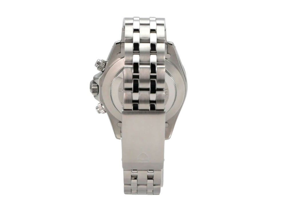 Tudor Prince Date Chronograph 79260 Rückansicht mit Edelstahlband und verschraubtem Gehäuse.