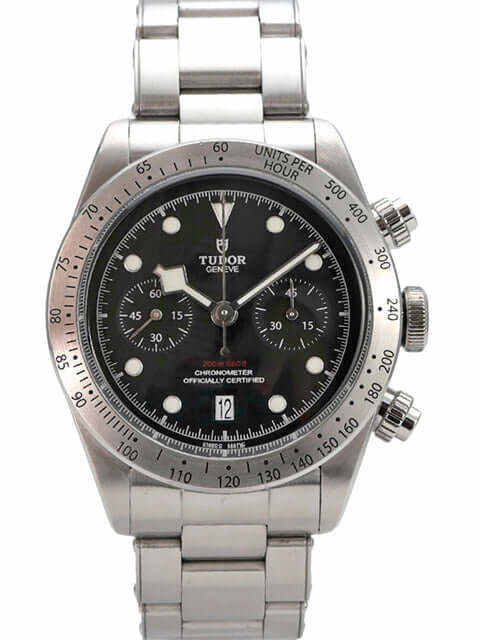 Tudor Heritage Black Bay Chrono 79350-0001 in Edelstahl mit schwarzem Zifferblatt und Chronographenfunktionen.