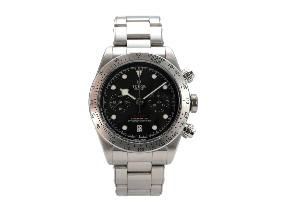 Tudor Heritage Black Bay Chrono 79350-0001 Edelstahl Chronograph mit schwarzem Zifferblatt und Edelstahlband.