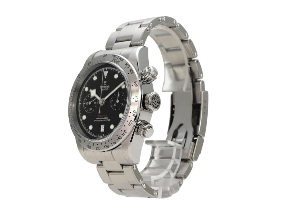 Tudor Heritage Black Bay Chrono 79350-0001 mit Edelstahlgehäuse und schwarzem Zifferblatt, sportlich und elegant.