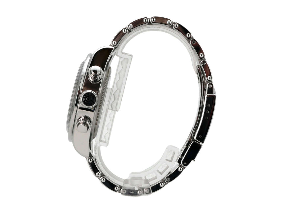 Tudor Heritage Black Bay Chrono 79350-0001 seitliche Ansicht des Edelstahlgehäuses mit drehbarer Lünette.