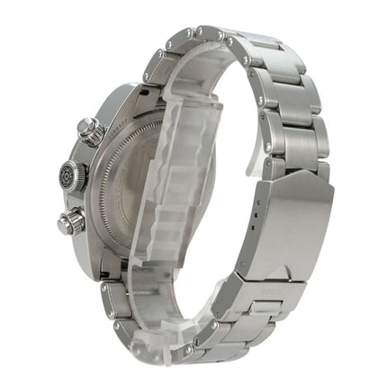 Tudor Heritage Black Bay Chrono 79350-0001 seitliche Ansicht, Edelstahlband, detailreiche Verarbeitung.