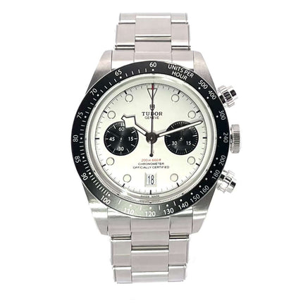 Tudor Black Bay Chrono 79360N-0002 Edelstahlgehäuse, 41 mm Durchmesser, opalfarbenes Zifferblatt, schwarze Totalisatoren, Edelstahlband