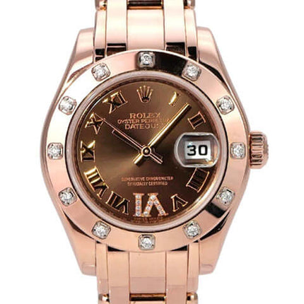 Rolex Perlmaster 29 Everose-Gold 80315 Choco Römisch mit braunem Zifferblatt und Diamanten, automatisches Uhrwerk.