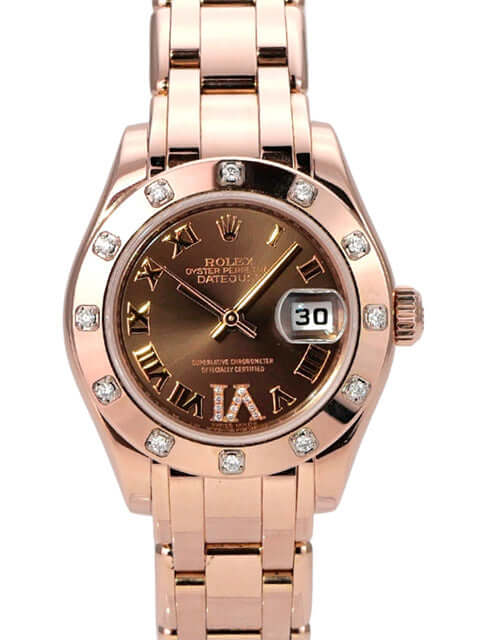 Rolex Perlmaster 29 Everose-Gold 80315 Choco Römisch mit braunem Zifferblatt und Diamanten, automatisches Uhrwerk.