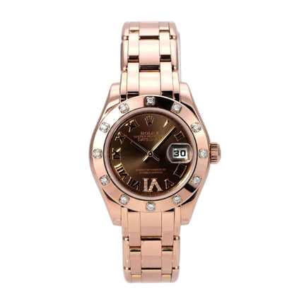 Rolex Perlmaster 29 Everose-Gold 80315 Choco Römisch mit braunem Zifferblatt und Diamantenbesatz.