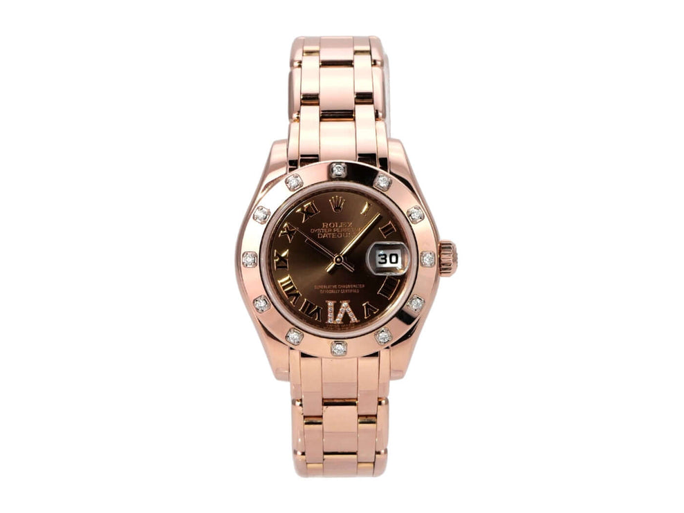 Rolex Perlmaster 29 Everose-Gold 80315 Choco Römisch mit braunem Zifferblatt und Diamantenbesatz.