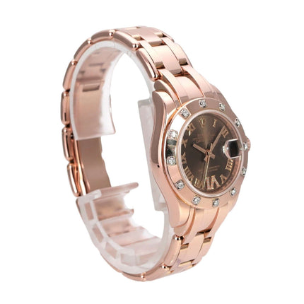 Rolex Perlmaster 29 Everose-Gold 80315 Choco Römisch mit braunem Zifferblatt und Diamanten.