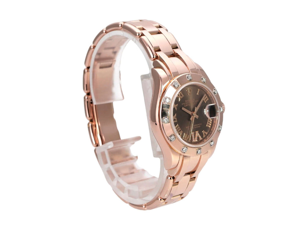 Rolex Perlmaster 29 Everose-Gold 80315 Choco Römisch mit braunem Zifferblatt und Diamanten.