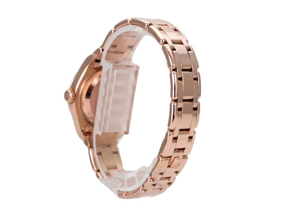 Rolex Perlmaster 29 Everose-Gold 80315 Choco Römisch seitliche Ansicht mit poliertem Armband