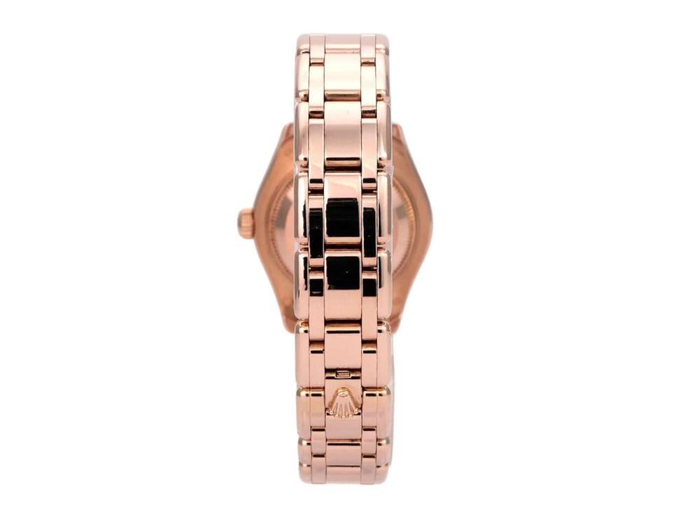 Rolex Perlmaster 29 Everose-Gold 80315 Choco Römisch seitliche Ansicht der Uhr mit poliertem Everose-Goldband.